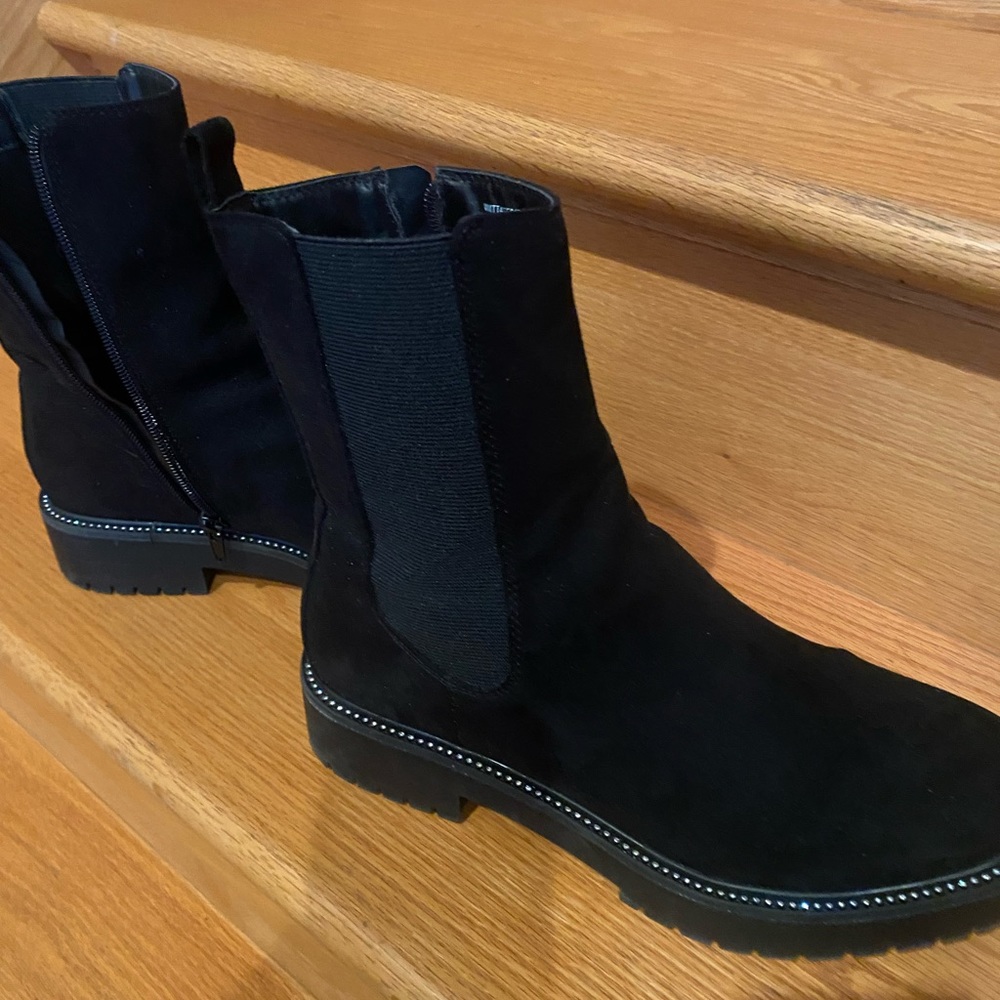 Cute flat black booties w rhinestone edging. Sz 9.  Worn only a few times!